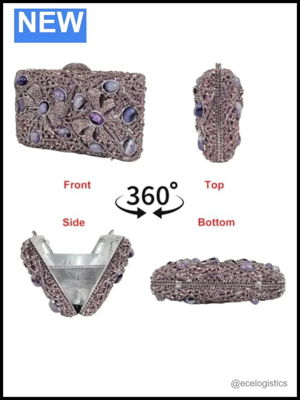 Luxury Rhinestone Agate Stone Evening Clutch Faux Leather Wedding Purse